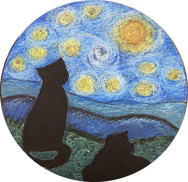 Gatinhos  ao luar - 40 diam - Giz pastel oleoso - 2021
